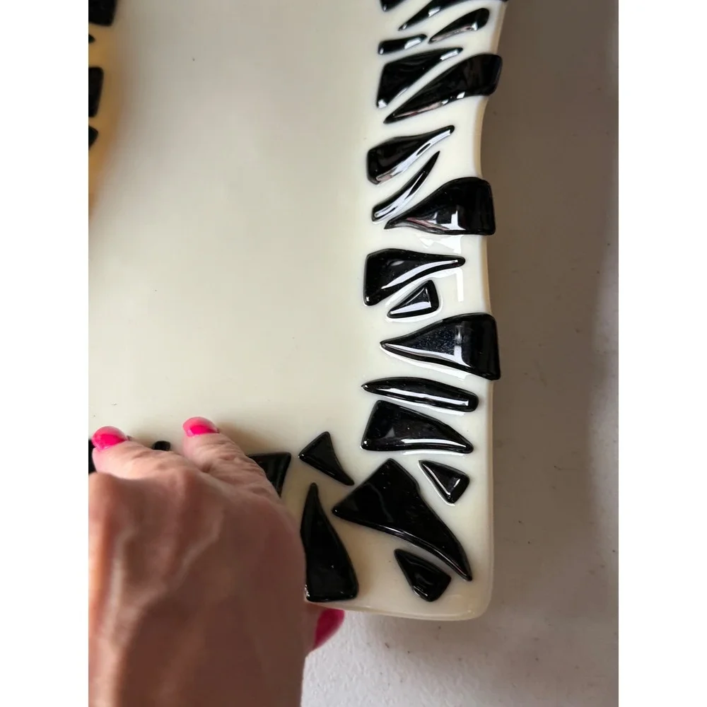 Handmade Fused Glass Zebra Pattern Tray Cream and Black Decorative Art Dish